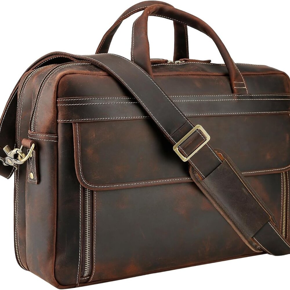 Leather Briefcase For Men 15.6" - 17" Laptop Computer Case Business Travel Work